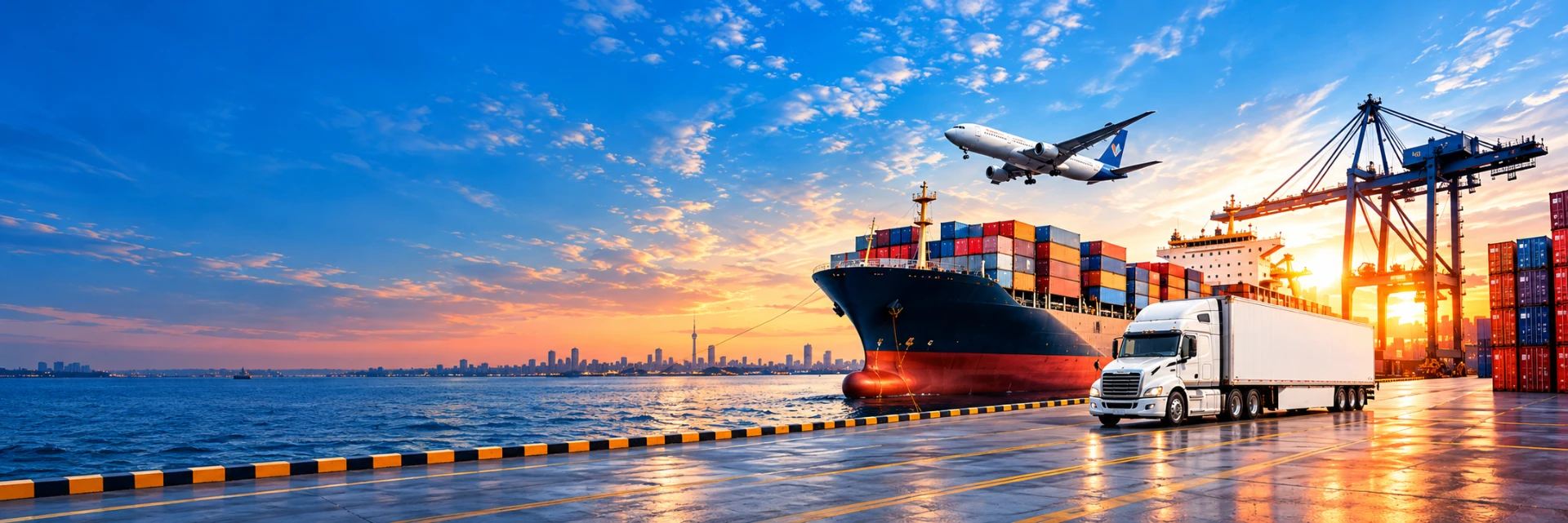 Cargo ship, airplane, truck and port cranes at a golden hour port