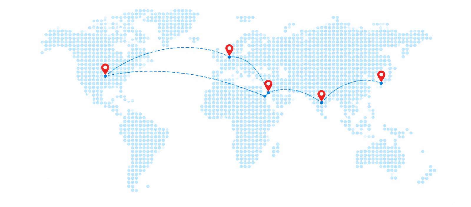 World map with pins connecting trade routes between North America, Europe, the Middle East and Asia